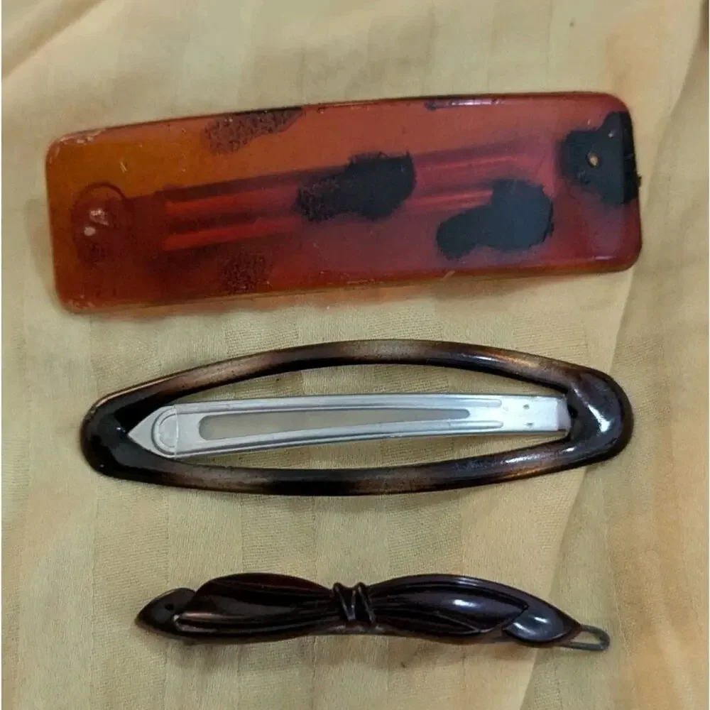 Set Of 3 Vintage 80s Goody Hair Clip Snap Tortoise Barrette Bow Brown Lot